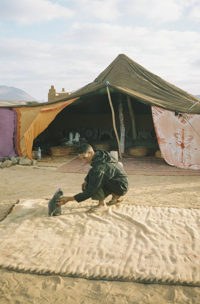 Fotografia d'un noi i un gat al desert d'Agadir, Marroc, capturada per Júlia Olivé Studio, artista multidisciplinar especialitzada en fotografia, disseny i il·lustració.