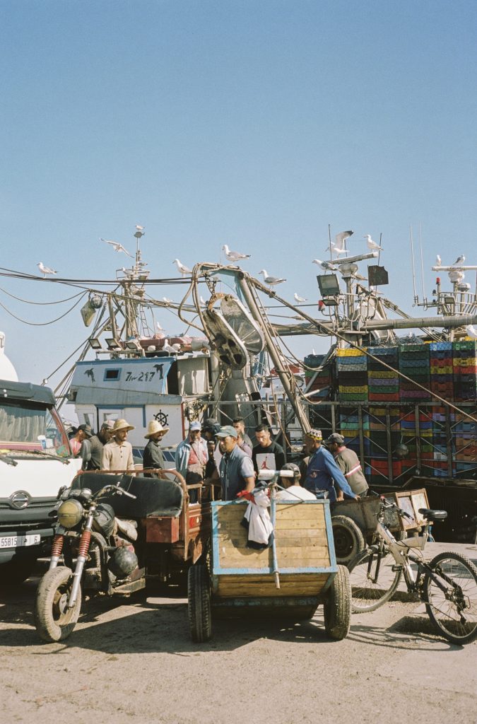 Fotografia dels pescadors del port d'Essaouira, Marroc, capturada per Júlia Olivé Studio, artista multidisciplinar especialitzada en fotografia, disseny i il·lustració.